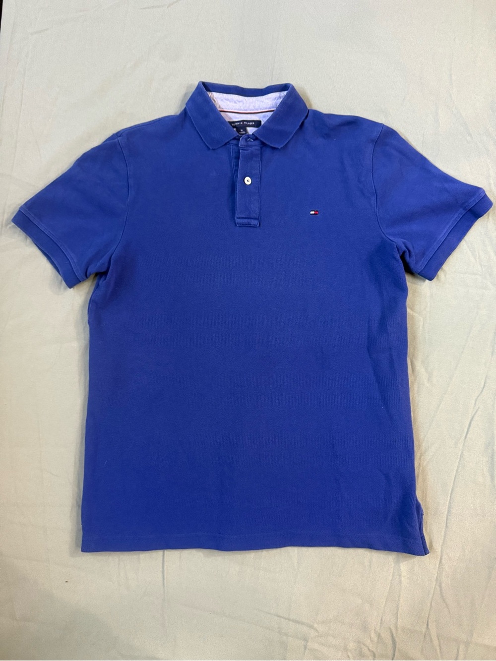 Mens Tommy Hilfiger Blue Button Up Polo Shirt Embroidered Blue M